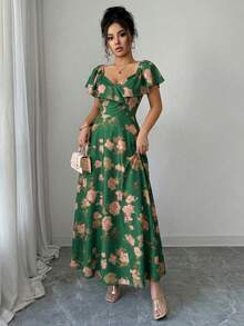 Elenzga Ruffled Waist A-Line Ditsy Floral Elegant French Style Dress - Green - View 5