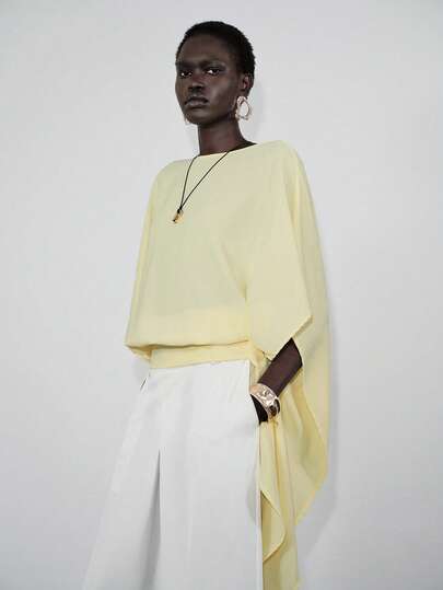 Lumivelle Blusa holgada de cuello de barco y mangas de murciélago en unicolor, para primavera/verano