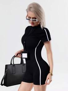 SHEIN Sports Women's Front Zipper Sports Jumpsuit, Ribbed Tight-Fitting Contrast Color Fashionable Stand Collar Seamless Yoga Fitness Romper - Black - View 5