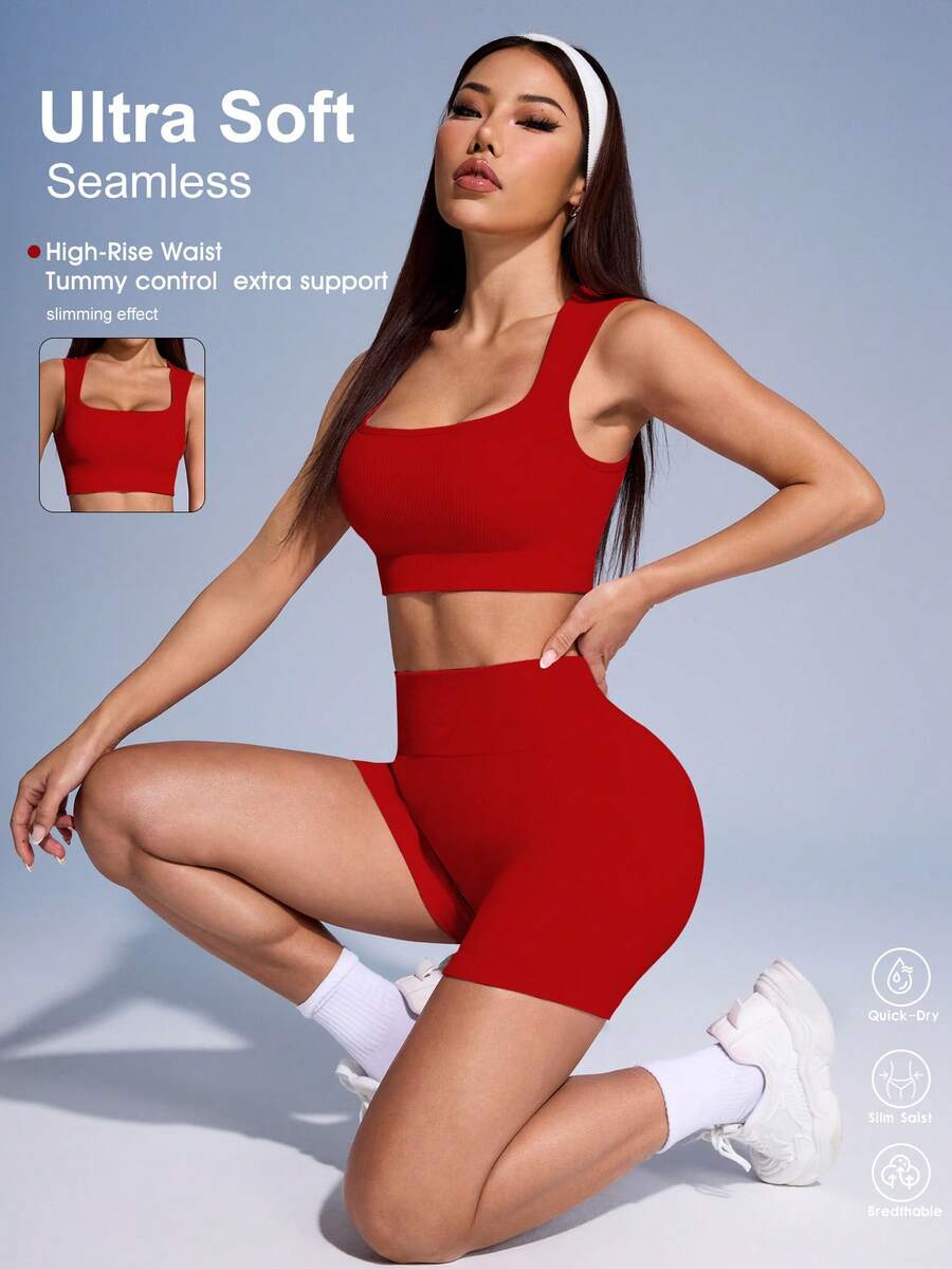 SHEIN Sovereign Charm Women Solid Color Ribbed Sports Vest And Shorts Set - Rose Red - View 1