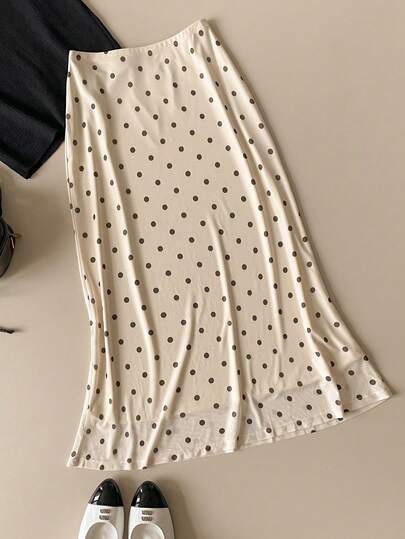 Muvela Spring/Summer New Polka Dot Print Mesh Fabric Elastic Waist Straight Skirt, Slimming, Elongating Legs, Elegant Party, British Style, Suitable For School, Music Festival, Urban Commute, Workplace
