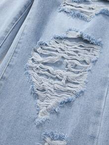 少女休闲百搭直筒牛仔裤，带口袋、纽扣和做旧设计 - 淺色水洗藍 - 查看 6