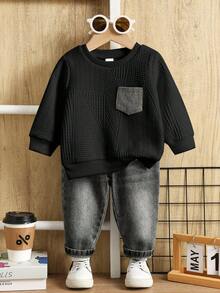 SHEIN 2 件套男婴/女婴休闲白色运动衫和蓝色牛仔长裤运动服，男女通用秋冬婴儿服装 - 黑色 - 查看 4