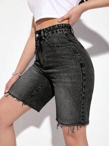 SHEIN ICON Pantalones cortos vaqueros de pierna recta con bolsillos en diagonal y bordes deshilachados, estilo casual de verano para mujer - Gris - Ver 5