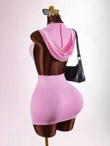 Amplova Women's Striped Backless Fitted Mini Dress With Hood - Pink - View 6