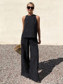 DAZY Striped Gray Sleeveless Top & Wide Leg Pants 2 Pieces Set, Unique High-End Casual Summer Outfit For Women - Black - View 6