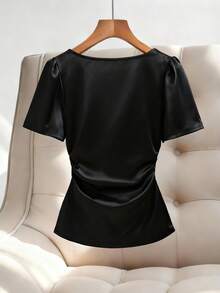 Franclia Women's Ruched Waist Cowl Neck Short Sleeve T-Shirt Blouse For Women Elegant Classy Elegant Top For Woman Modern Tops For Women - Black - View 2