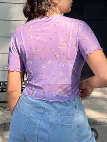 GalTyme Plus Size Women's Summer Vacation Mesh Sheer Purple Floral Pattern Ruffle Hem Fitted Short Sleeve T-Shirt - Multicolor - View 2
