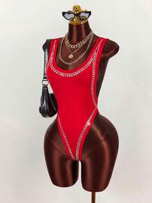 Amplova Body sexy con escote bajo y espalda descubierta con adornos de strass para mujeres - Rojo - Ver 2