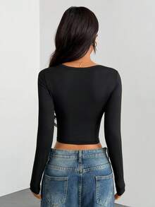 SHEIN PETITE 2pcs/Set Sexy Wide Neck Long Sleeve Form-Fitting T-Shirt Crop Tops Y2k - Multicolor - View 2