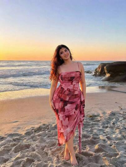 SHEIN MOD Plus Size Women's Pink Gradient Print Ruffled Hem Dress, Asymmetrical Hem Dress, Blue Camisole Dress, Valentine's Day Outfit, Spring Women's Outfit, Bachelorette Party Outfit.Plus Size Pink Printed Dress Asymmetrical Hem Spaghetti Straps Ruched Side Soft Sheen Artistic Pattern Draped Silhouette Fitted Bodice Textured Fabric Midi Length Elegant Style Flowing Layers Comfortable Wear Vibrant Color Classic Look Delicate Details Lightweight Appearance