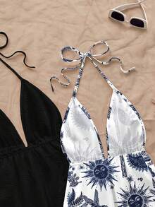 Soleia Set de 2 piezas de camiseta sin espalda con cuello halter y estampado azul del dios sol y palmera, estilo casual minimalista, adecuado para vacaciones de verano - Multicolor - Ver 4