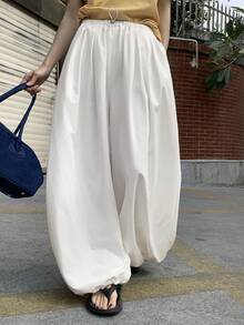 DAZY 女士宽松白色休闲裤，抽绳腰带，户外街头度假风，设计口袋，哈伦裤，春夏款 - 白色 - 查看 1