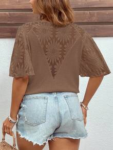 SHEIN Clasi Áo thun tay bồng phối họa tiết waffle dệt kim cỡ lớn thanh lịch - Màu nâu  Mocha - Xem 2