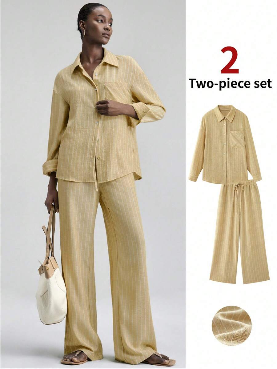 Ontre 2026 New Spring/Summer Women's Business Casual Minimalist Fashion Commuter Striped Fabric Yellow Woven Fabric Long Sleeve Shirt And Wide Leg Pants 2-Piece Set 2 Piece Sets Woman Summer Suit Sets For Women - Green - View 1