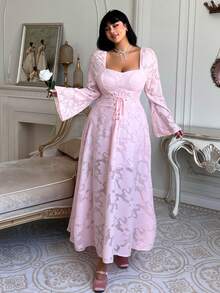 Lyrianda Plus Size Long Sleeve Tie-Front Romantic Sweet Elegant Chic Fashion Dress - Pink - View 4