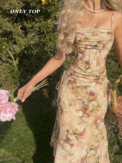 SHEIN MOD Women's Vintage Floral Print Pleated Front Camisole,Summer,Carnival Costume, Summer Tank Top, Retro Tank Top, Boho Style Tank Top, Pirate Blouse, Vintage Oil Painting Floral,Cottagecore,