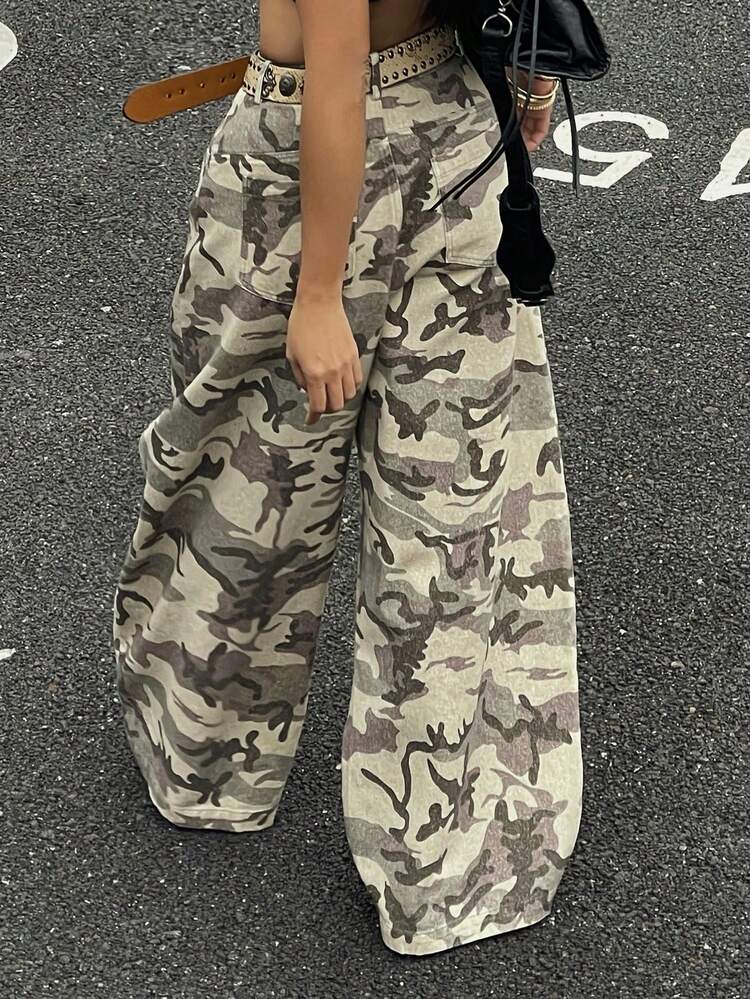 Camouflage Washed Loose Wide Leg Pants, Casual Street Style Women Long Trousers, Spring/Autumn