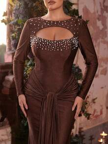 Glamrae 大码优雅简约棕色不对称领口泡泡珠长袖褶皱拼接鱼尾裙摆正式礼服 - 咖啡棕 - 查看 4