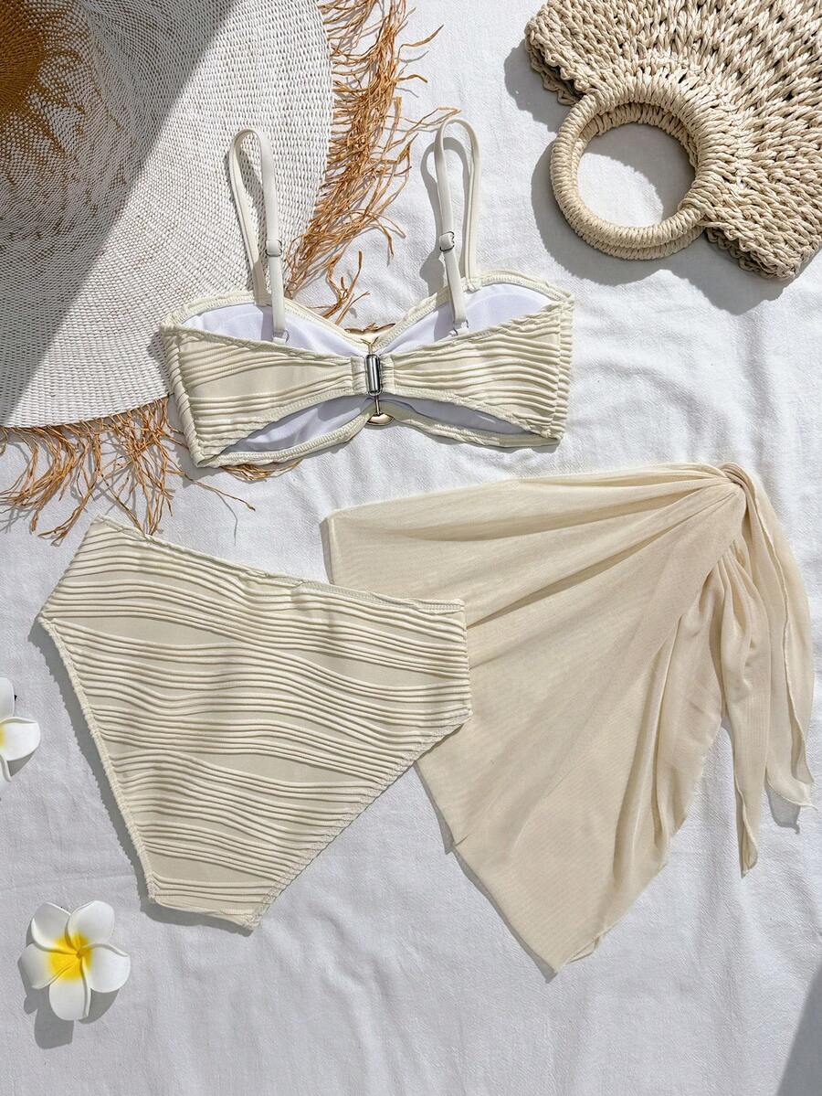 SHEIN 2026 Spring/Summer New Fashion Beige Textured Fabric Metal Decor Comfortable Stretchy 3 PiecesSwimsuit Set - Beige - View 1