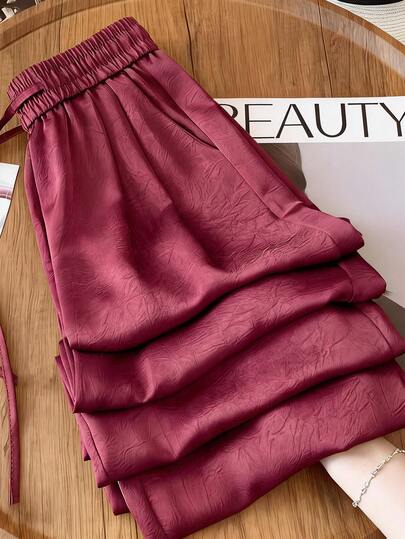 Franclia Burgundy Satin Lace Wide-Leg Trousers For Women, Featuring A Fitted Waist And Pleats For A Stylish And Comfortable Fit. Suitable For Red Trousers, Women's Satin Trousers, And Can Be Worn As Workwear, Sportswear, Holiday Outfits, Women's Festival Attire, Beachwear, Graduation/Mother's Outfits, Casual Wear, And Outings.Graduation Season Attire, Fashionable Casual Commuter Wear, Business Office Wear, Versatile And Stylish Everyday Casual Wear, Urban Teacher's Professional Attire