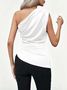 Aveloria Modichic Women's Solid Color Asymmetric Hem Ruched Shoulder Top, Suitable For Spring And Summer - White - View 5