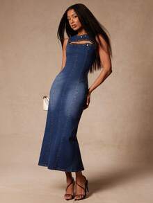 NYA SZN Denim Dress Fitted Bodycon Hardware Detail Cutout Seaming Maxi Length Easter St. Patricks Day Brunch Casual Everyday Going Out Office Siren Western Country Date Night Elegant Luxury Dark Wash Outfits For Women - Dark Wash - View 3