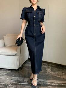 DAZY 女士休闲仿口袋翻领牛仔连衣裙，婚礼宾客礼服，女士长款连衣裙 - 藍色 - 查看 7