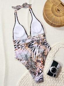 Swim SXY 春假性感豹纹深V领露背连体泳衣，节日波西米亚风 - 彩色 - 查看 4