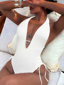 Swim SXY Solid Deep V Neck Twist Ruched Metal Decor Casual Beach Swimsuit For Women - Beige - View 5
