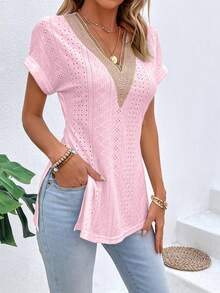 SHEIN LUNE Áo thun nữ tay cánh dơi phối ren tương phản, xẻ tà, in họa tiết. - Màu Hồng baby - Xem 4
