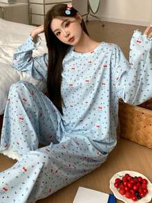 DAZY 2件套女士可爱印花宽松长袖T恤和长裤睡衣套装，春季 - 淺藍色 - 查看 5