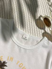 SHEIN Young Boys Casual Vacation Round Neck Front Print Elastic Waist Short Sleeve Shorts Set, Summer - White - View 6