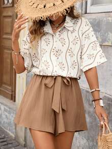 Brillora 女士夏季度假休闲拼接短袖系带连体裤，度假，度假风，波西米亚风，波西米亚风格，波西米亚风卡其色连体裤，音乐节乡村风连体裤，女士休闲装，女士海滩度假装，女士夏季短款套装，女士短款套装，女士优雅夏季装，女士度假短款套装 - 彩色 - 查看 2