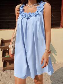 INAWLY Elegant 3D Floral Light Blue Pleated Dress,Relaxed Loose Fit Summer Mama Mia Party Holiday,Perfect For Vacations,Island Getaways,Everyday Wear - Multicolor - View 5