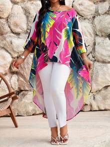 SHEIN Lady Áo kiểu dáng mùa xuân hè, phong cách boho, thường ngày, thích hợp đi biển, dự tiệc âm nhạc/lễ hội âm nhạc, chất liệu dệt nhiều màu sắc, cổ tròn, tay phồng, dáng bất đối xứng, cỡ lớn. - Nhiều màu - Xem 1