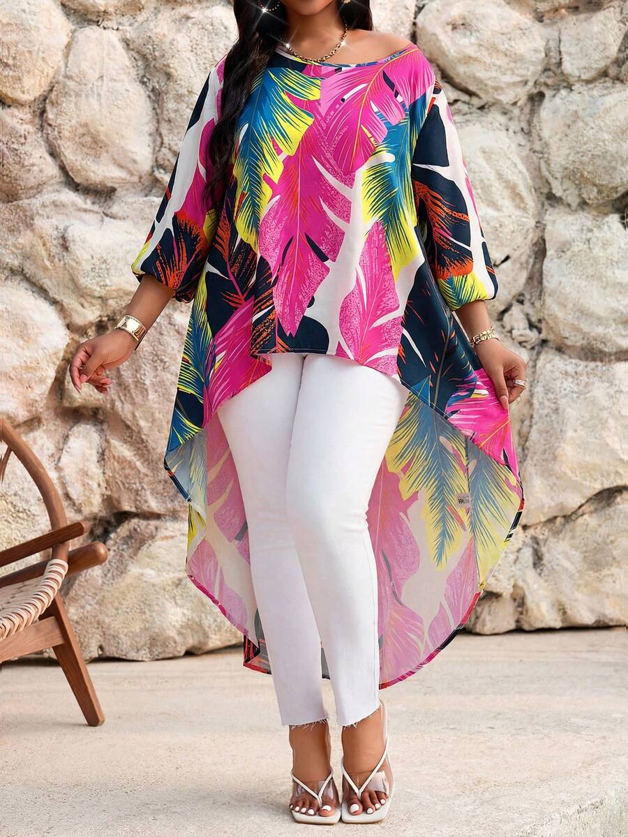 SHEIN Lady Áo kiểu dáng mùa xuân hè, phong cách boho, thường ngày, thích hợp đi biển, dự tiệc âm nhạc/lễ hội âm nhạc, chất liệu dệt nhiều màu sắc, cổ tròn, tay phồng, dáng bất đối xứng, cỡ lớn. - Nhiều màu - Xem 1
