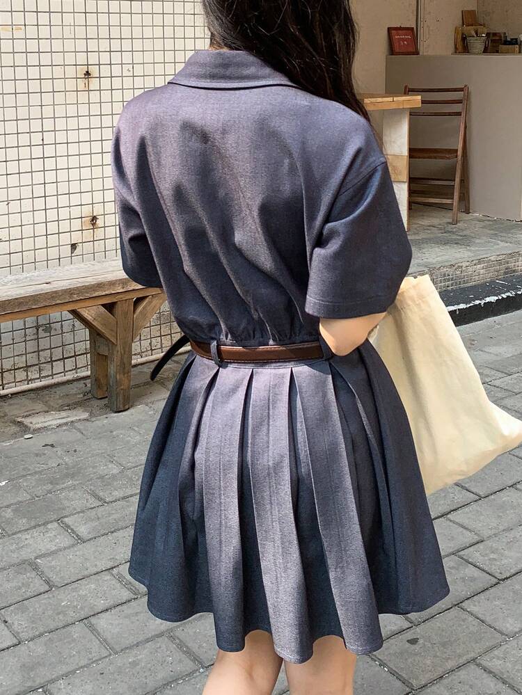 Women's Solid Color Short Sleeve Front Button Pleated Dress Summer