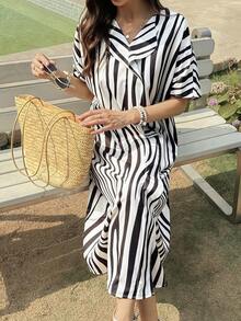 Vivie Lora Women's V-Neck Loose Vertical Striped Ruffle Hem Mid-Length Dress - Black and White - View 7