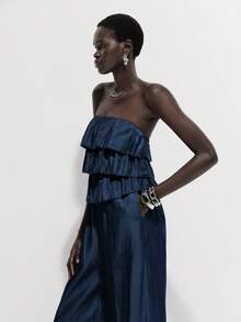 Lumivelle 女士春夏新款连体裤，牛仔效果荷叶边拼接多层蛋糕裙摆阔腿裹胸连体裤 - 藏蓝色 - 查看 3