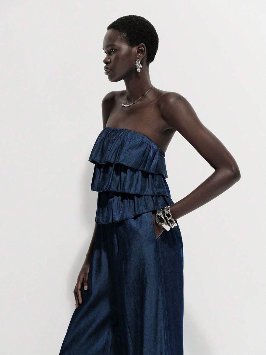 Lumivelle Women's Spring/Summer New Jumpsuit, Denim Effect Ruffled Patchwork Multi-Layered Cake Hem Wide Leg Wrap Bust Jumpsuit - Navy Blue - View 1