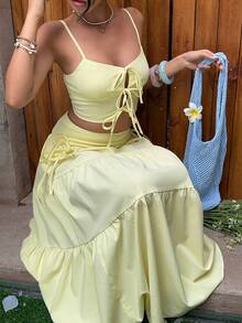 MainGRL 女士黄色编织休闲度假风系带吊带背心和迷你裙套装，春夏款 - 芥末黃 - 查看 5