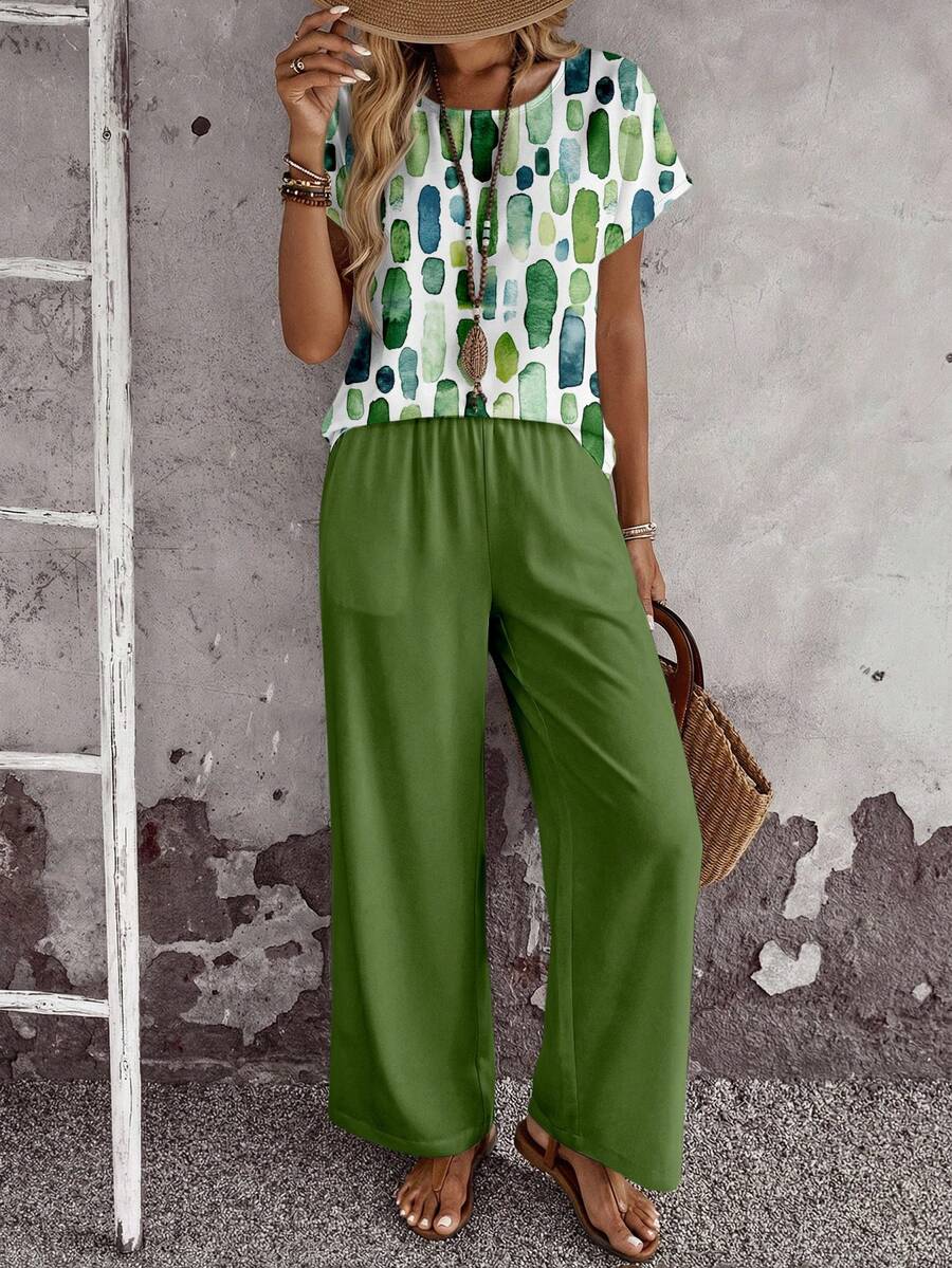 EMERY ROSE 2pcs/Set Women Casual Loose Fit Round Neck Top And Wide Leg Pants, Versatile Outfit For Spring/Autumn,Casual - Multicolor - View 1