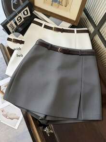 Franclia 时尚休闲通勤百搭柔软质感面料高腰开衩春秋夏四季女式短裙，配腰带，双层开衩下摆西装面料A字裙裤 - 灰色 - 查看 1