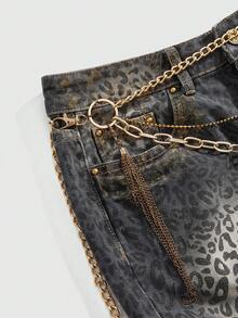 ROMWE Grunge Punk Minifalda de mezclilla con cadena de cristales de estilo metalizado y estampado de leopardo para tallas grandes Y2K - Gris Oscuro - Ver 3
