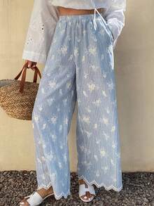DAZY Quần ống rộng lửng kẻ sọc jacquard, trang phục thường ngày cho nữ, thích hợp mặc đi nghỉ dưỡng mùa xuân/hè. - Màu xanh lam - Xem 3