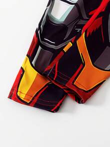 Young BoyCasual Short Sleeve Cartoon Character Print Zipper Back Jumpsuit With Contrast Cape, Spring/Summer - Red - View 6