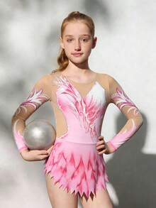 SHEIN Tween Girls' Round Neck Long Sleeve Fitted Fashionable Printed Breathable Sportswear - Pink - View 3