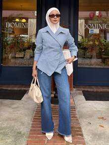 DAZY Women's Casual Striped Asymmetric Collar Blouse, Spring/Summer Long Sleeve - Blue - View 4