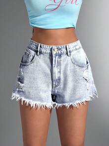 SHEIN ICON Quần short denim rách gấu dáng casual thời trang dành cho nữ cỡ lớn. - Rửa nhẹ - Xem 4